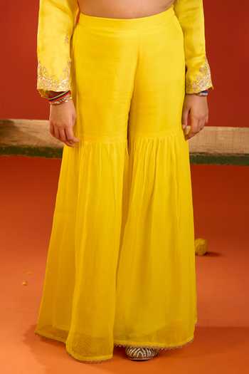 Petite Pomme_Yellow Satin, Organza Embroidery Kurta Set 