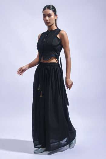 JAYATI GOENKA_Black Chanderi Silk Tassels High Neck Top And Skirt Set _Online_at_Aza_Fashions