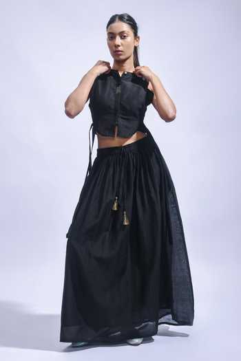 Buy_JAYATI GOENKA_Black Chanderi Silk Tassels High Neck Top And Skirt Set _at_Aza_Fashions