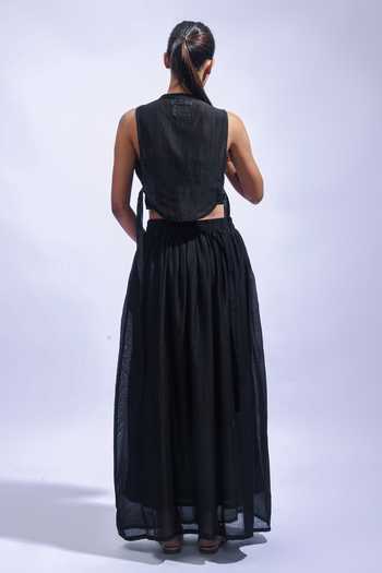 Shop_JAYATI GOENKA_Black Chanderi Silk Tassels High Neck Top And Skirt Set _at_Aza_Fashions