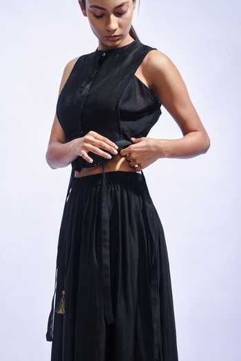 Shop_JAYATI GOENKA_Black Chanderi Silk Tassels High Neck Top And Skirt Set _Online_at_Aza_Fashions