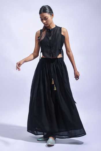 JAYATI GOENKA_Black Chanderi Silk Tassels High Neck Top And Skirt Set _at_Aza_Fashions