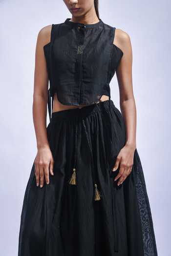 Buy_JAYATI GOENKA_Black Chanderi Silk Tassels High Neck Top And Skirt Set 