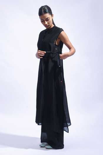 JAYATI GOENKA_Black Chanderi Silk Mandarin Collar Tunic Pant Set _Online_at_Aza_Fashions
