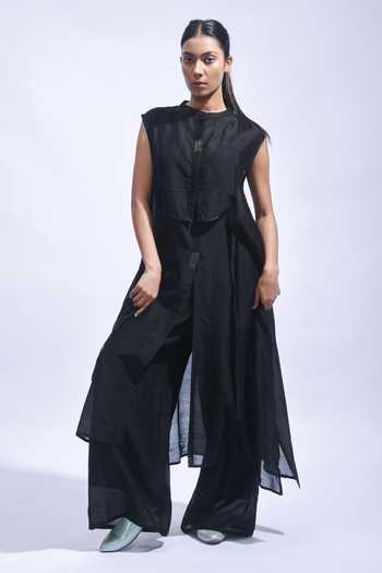 Buy_JAYATI GOENKA_Black Chanderi Silk Mandarin Collar Tunic Pant Set _at_Aza_Fashions