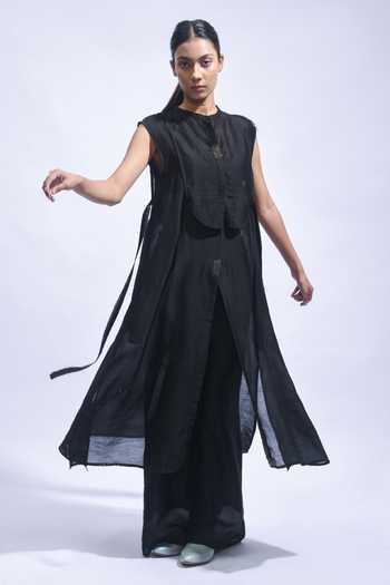 Buy_JAYATI GOENKA_Black Chanderi Silk Mandarin Collar Tunic Pant Set _Online_at_Aza_Fashions