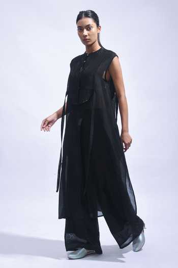Shop_JAYATI GOENKA_Black Chanderi Silk Mandarin Collar Tunic Pant Set _Online_at_Aza_Fashions