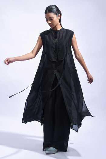 Shop_JAYATI GOENKA_Black Chanderi Silk Mandarin Collar Tunic Pant Set 