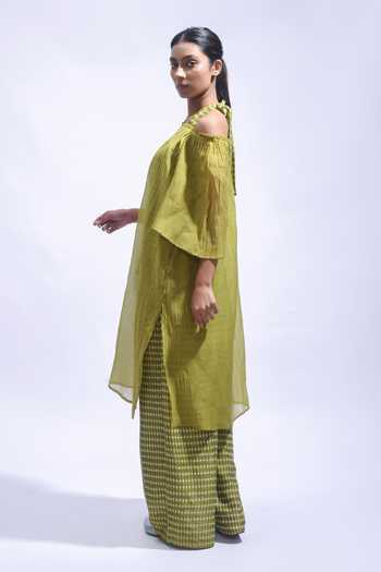 JAYATI GOENKA_Olive Green Chanderi Silk Off-shoulder, Halter Neck Tunic And Pant Set _Online_at_Aza_Fashions
