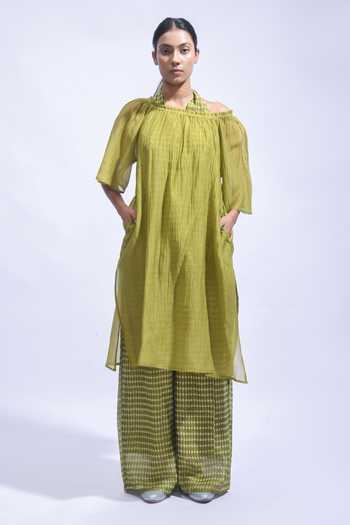 Buy_JAYATI GOENKA_Olive Green Chanderi Silk Off-shoulder, Halter Neck Tunic And Pant Set _Online_at_Aza_Fashions