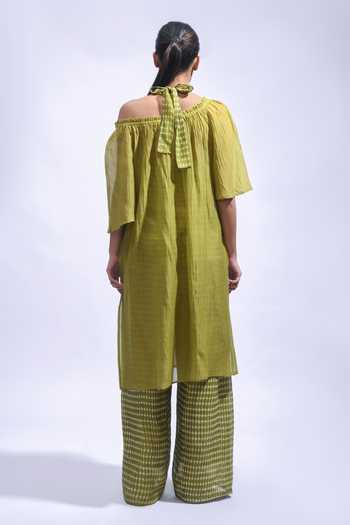 Shop_JAYATI GOENKA_Olive Green Chanderi Silk Off-shoulder, Halter Neck Tunic And Pant Set _at_Aza_Fashions