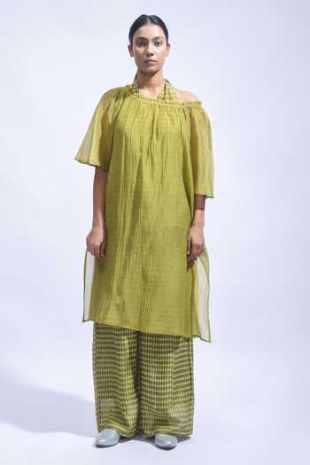 Shop_JAYATI GOENKA_Olive Green Chanderi Silk Off-shoulder, Halter Neck Tunic And Pant Set _Online_at_Aza_Fashions