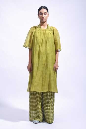 JAYATI GOENKA_Olive Green Chanderi Silk Off-shoulder, Halter Neck Tunic And Pant Set _at_Aza_Fashions