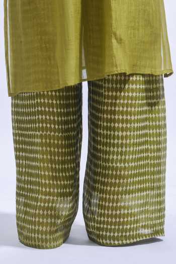 Shop_JAYATI GOENKA_Olive Green Chanderi Silk Off-shoulder, Halter Neck Tunic And Pant Set 