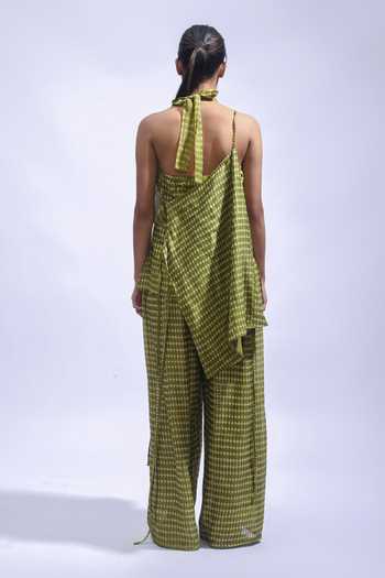 JAYATI GOENKA_Olive Green Chanderi Silk Halter Neck, Top And Palazzo Set _Online_at_Aza_Fashions