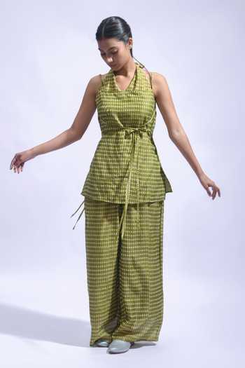 Buy_JAYATI GOENKA_Olive Green Chanderi Silk Halter Neck, Top And Palazzo Set _Online_at_Aza_Fashions