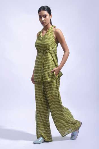 Shop_JAYATI GOENKA_Olive Green Chanderi Silk Halter Neck, Top And Palazzo Set _Online_at_Aza_Fashions