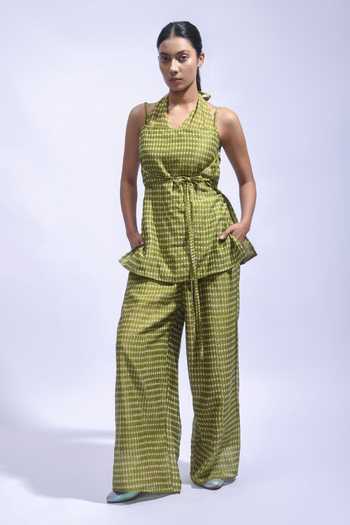 Buy_JAYATI GOENKA_Olive Green Chanderi Silk Halter Neck, Top And Palazzo Set _at_Aza_Fashions