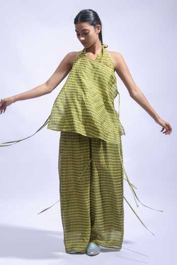 JAYATI GOENKA_Olive Green Chanderi Silk Halter Neck, Top And Palazzo Set _at_Aza_Fashions