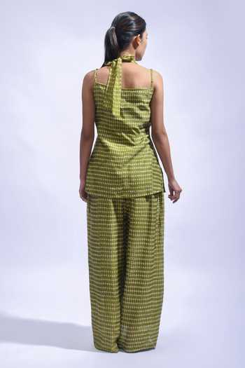 Shop_JAYATI GOENKA_Olive Green Chanderi Silk Halter Neck, Top And Palazzo Set _at_Aza_Fashions