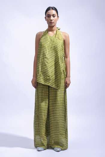 Buy_JAYATI GOENKA_Olive Green Chanderi Silk Halter Neck, Top And Palazzo Set 