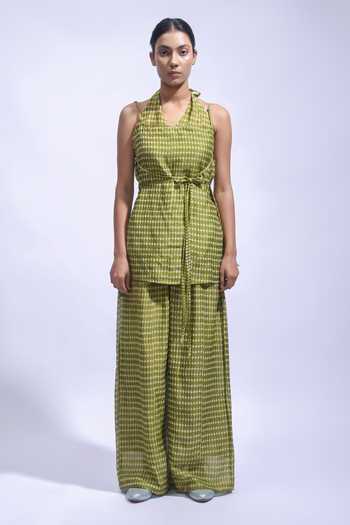 Shop_JAYATI GOENKA_Olive Green Chanderi Silk Halter Neck, Top And Palazzo Set 