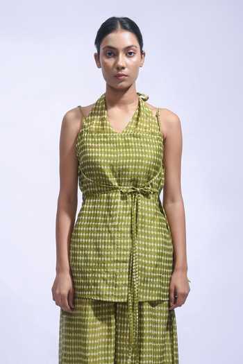 JAYATI GOENKA_Olive Green Chanderi Silk Halter Neck, Top And Palazzo Set _Online
