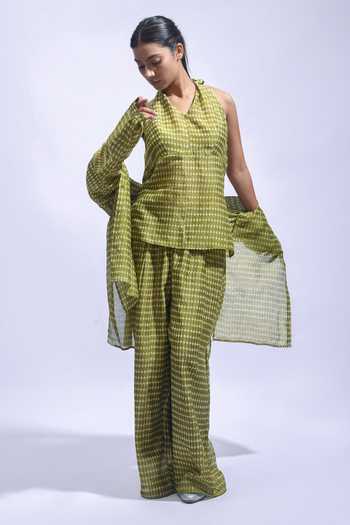 JAYATI GOENKA_Olive Green Chanderi Silk Halter Neck, Collared Mud Block Print Pant Set _Online_at_Aza_Fashions