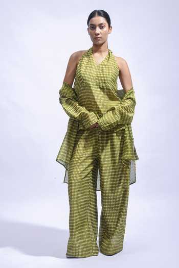 JAYATI GOENKA_Olive Green Chanderi Silk Halter Neck, Collared Mud Block Print Pant Set _at_Aza_Fashions