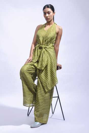 Buy_JAYATI GOENKA_Olive Green Chanderi Silk Halter Neck, Collared Mud Block Print Pant Set 