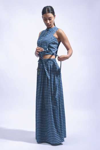 JAYATI GOENKA_Blue Cotton Round Neck Printed Skirt Set _Online_at_Aza_Fashions