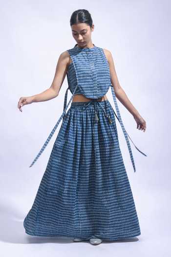 Buy_JAYATI GOENKA_Blue Cotton Round Neck Printed Skirt Set 