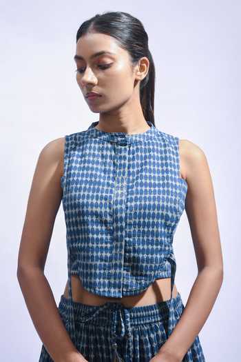 Shop_JAYATI GOENKA_Blue Cotton Round Neck Printed Skirt Set 