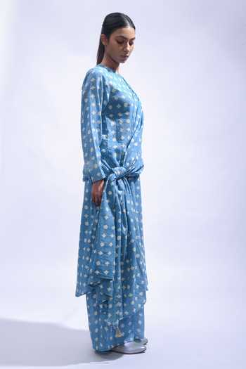 Buy_JAYATI GOENKA_Blue Cotton Round Neck Sky Mud Printed Premium Kurta Set _Online_at_Aza_Fashions