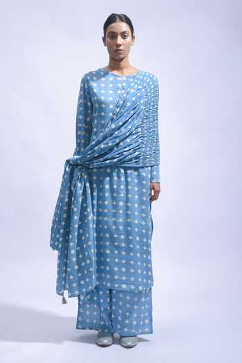 Buy_JAYATI GOENKA_Blue Cotton Round Neck Sky Mud Printed Premium Kurta Set 