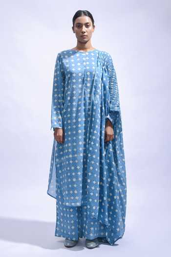 Shop_JAYATI GOENKA_Blue Cotton Round Neck Sky Mud Printed Premium Kurta Set 