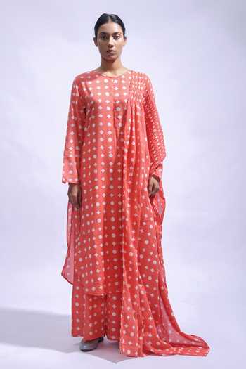 JAYATI GOENKA_Coral Cotton Round Neck Blush Mud Block Printed Premium Kurta Set _Online_at_Aza_Fashions