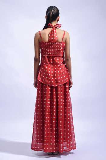 Shop_JAYATI GOENKA_Red Chanderi Silk Halter Neck Crimson Mud Block Camisole And Skirt Set _at_Aza_Fashions