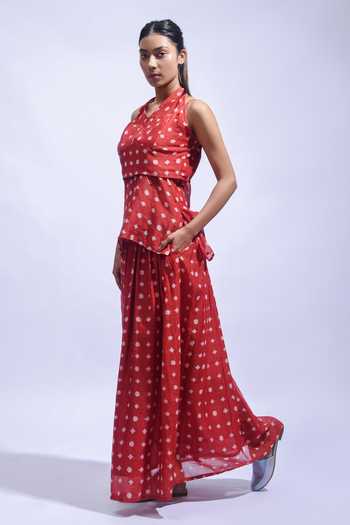 JAYATI GOENKA_Red Chanderi Silk Halter Neck Crimson Mud Block Camisole And Skirt Set _Online_at_Aza_Fashions