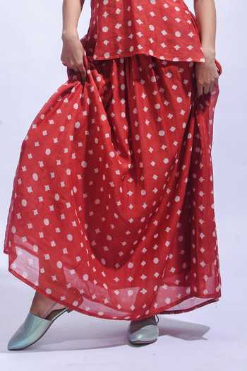 Shop_JAYATI GOENKA_Red Chanderi Silk Halter Neck Crimson Mud Block Camisole And Skirt Set _Online_at_Aza_Fashions