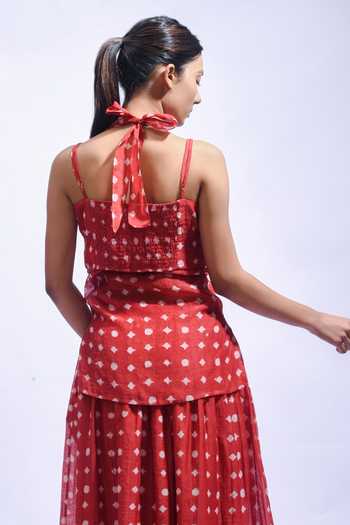 Buy_JAYATI GOENKA_Red Chanderi Silk Halter Neck Crimson Mud Block Camisole And Skirt Set 