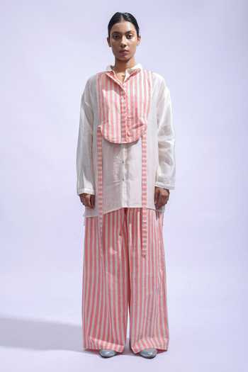 JAYATI GOENKA_Pink Chanderi Silk, Poplin Mandarin Collar Plain Shirt And Trousers Set _Online_at_Aza_Fashions