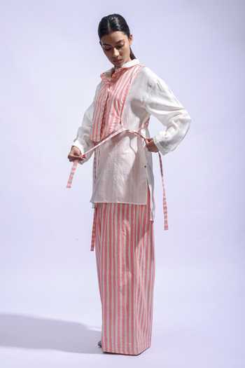 Buy_JAYATI GOENKA_Pink Chanderi Silk, Poplin Mandarin Collar Plain Shirt And Trousers Set _Online_at_Aza_Fashions