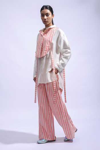Shop_JAYATI GOENKA_Pink Chanderi Silk, Poplin Mandarin Collar Plain Shirt And Trousers Set _Online_at_Aza_Fashions