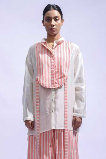 JAYATI GOENKA_Pink Chanderi Silk, Poplin Mandarin Collar Plain Shirt And Trousers Set _at_Aza_Fashions