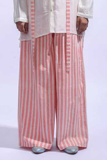 Buy_JAYATI GOENKA_Pink Chanderi Silk, Poplin Mandarin Collar Plain Shirt And Trousers Set 