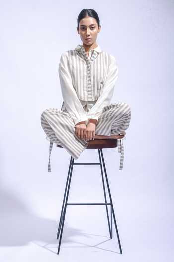 Shop_JAYATI GOENKA_Off White Chanderi Silk, Poplin Collared Ash Stripe Pattern Yoke With Pant Set _Online_at_Aza_Fashions
