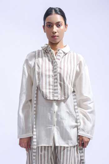 Shop_JAYATI GOENKA_Off White Chanderi Silk, Poplin Collared Ash Stripe Pattern Yoke With Pant Set 