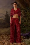 Buy_Samant Chauhan_Red Organza Sequins, Zari V-, Open Zardozi Embroidered Silk Top Set _at_Aza_Fashions