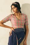 Buy_Swatti Kapoor_Pink Handloom Cotton Beads V-neck Tony Checkered Blouse _at_Aza_Fashions